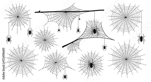 An abstract arrangement of numerous spiders and their intricate webs creating a detailed and artistic composition.