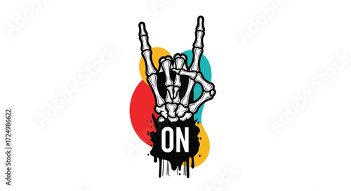 Skeleton hand making the rock on gesture with colorful circles and paint splatters below.