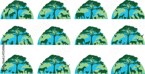 World animal day silhouette vector illustration on white background.Cartoon giraffe, zebra, tiger, and koala with green leaves, World Animal Day 4 October, wildlife conservation and biodiversity .