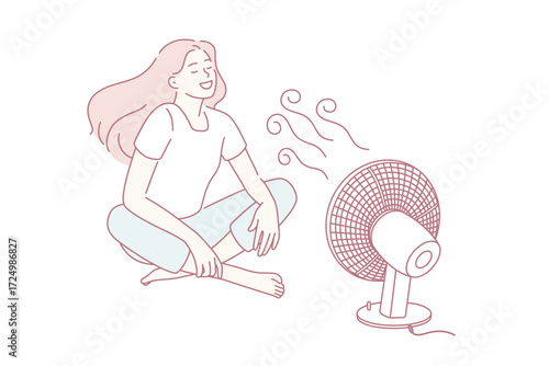 Enjoying cool wind waves concept. Young smiling woman cartoon character sitting on floor catching enjoying cool wind from fan vector illustration