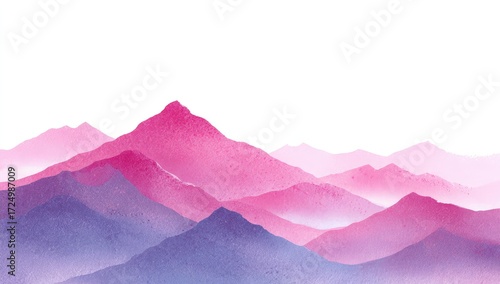 Watercolor landscape of a pink and purple mountain range fading into a white background, suggesting mist or fog