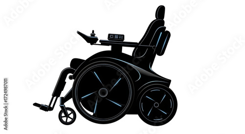 A modern electric wheelchair with sleek black design and futuristic blue glowing accents, representing advanced mobility and accessibility.
