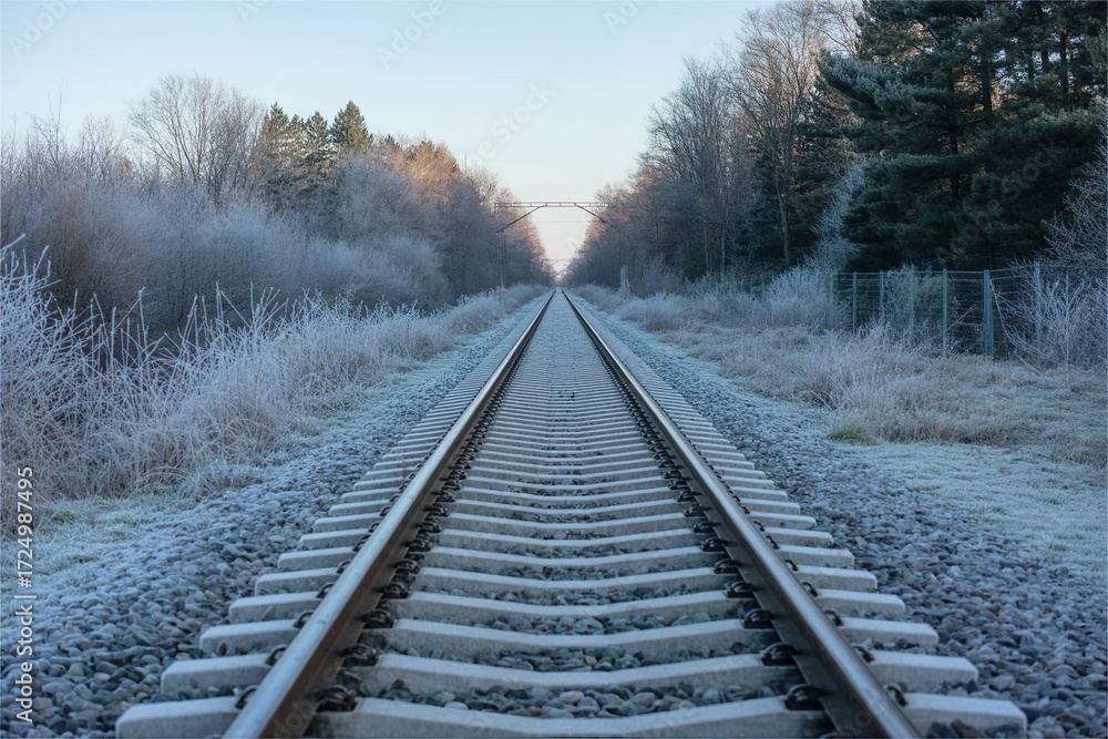 Fototapeta premium railway track covered with frost in winter forest