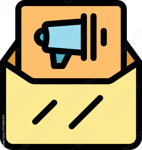 Open envelope containing newsletter with megaphone icon, symbolizing marketing advertising campaign