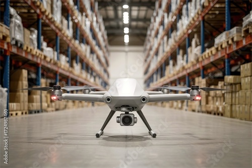 drone waiting to deliver in warehouse. Automated delivery technology