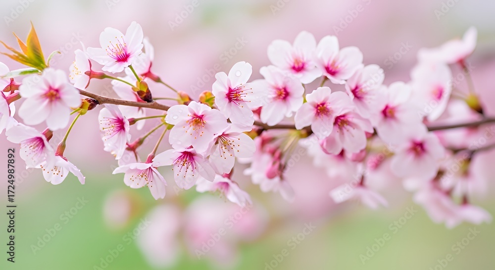 Naklejka premium Beautiful cherry blossom flowers blooming on tree branches with soft sunlight and natural background. Symbol of spring, beauty, and renewal. Perfect for nature, seasonal,