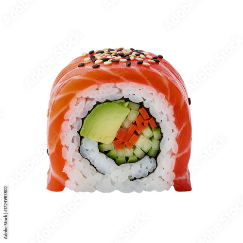 Delicious Salmon Sushi Roll with Avocado and Fresh Vegetables A Flavorful Culinary Delight Featuring Vibrant Colors and Exquisite Presentation Perfect for Sushi Lovers