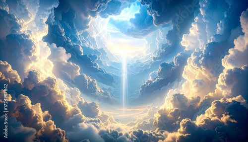 ドラマチックな空：黄金色に輝く雲と光の柱が描く情景Generated image