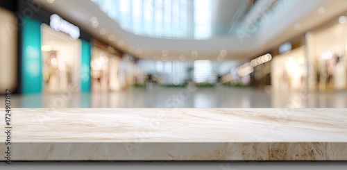Light beige marble-like table top in front of a blurred shopping mall interior