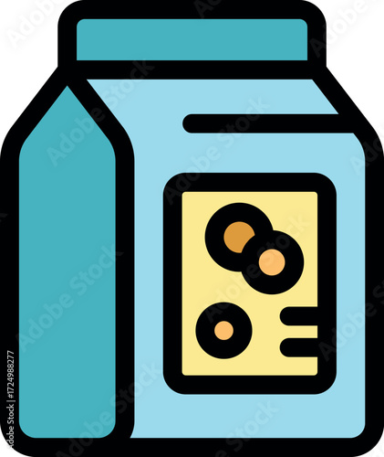 Studio shot of a closed light blue package of dry pet food with round kibbles on its label