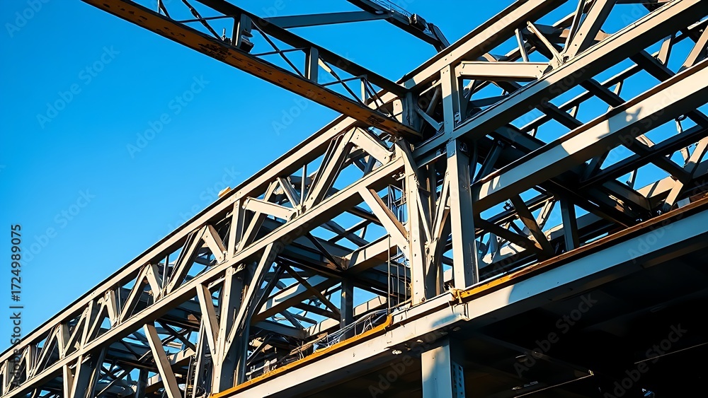 Naklejka premium Industrial steel structure with geometric patterns, highlighting construction progress under clear skies.