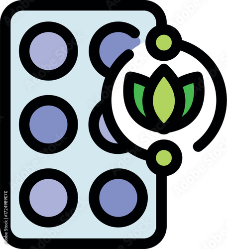 Blister pack of pills with a stylized green leaf symbolizing natural medicine, homeopathy, and a holistic approach to healthcare
