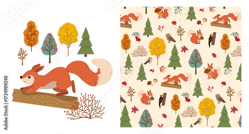 Vector illustration of a playful squirrel running on a log in a vibrant autumn forest. Colorful trees and forest elements background create a lively and cheerful scene.