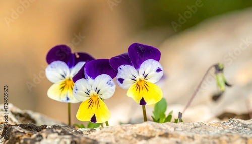 Trio of vibrant wildflowers emerge from rocky terrain