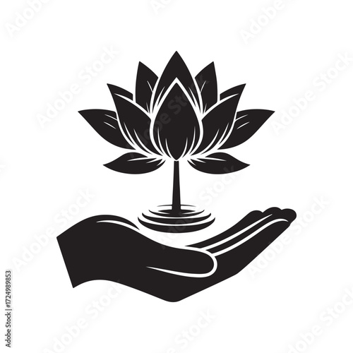 lotus growing out of open palm vector silhouette clip art logo design illustration