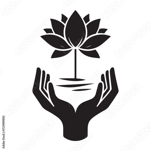 lotus growing out of open palm vector silhouette clip art logo design illustration