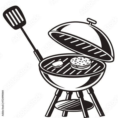 Black and white illustration of a barbecue grill with a spatula and food burger