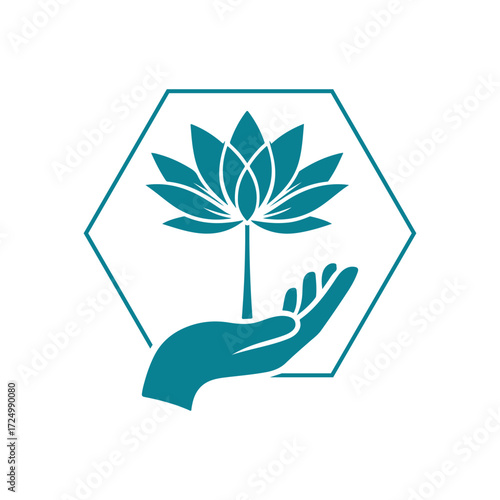 lotus growing out of open palm vector silhouette clip art logo design illustration