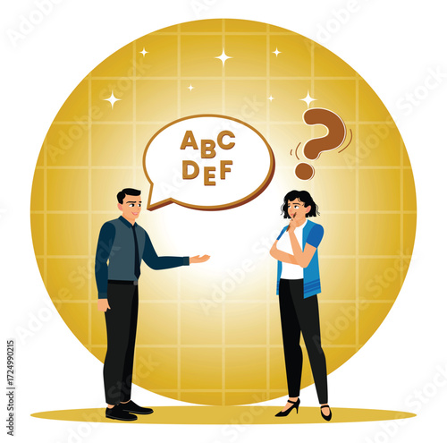 Male businessmen speak to female businessmen in a language that is difficult to understand.