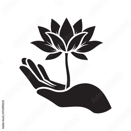 lotus growing out of open palm vector silhouette clip art logo design illustration