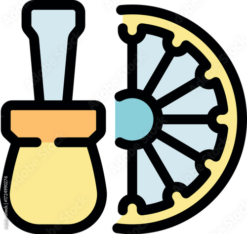 Simple, colorful icon of a wooden lemon squeezer extracting juice from half a lemon