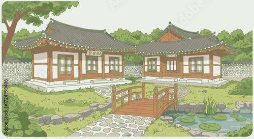 Traditional Korean Village Architecture with Serene Garden and Bridge