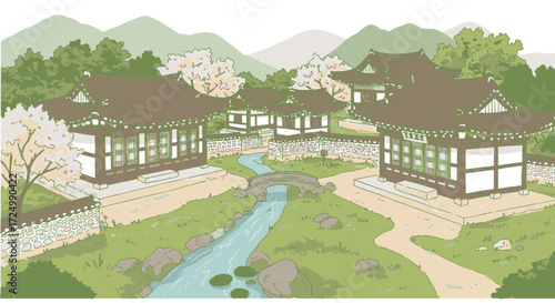 Traditional Korean Village with Cherry Blossoms and a Gentle Stream