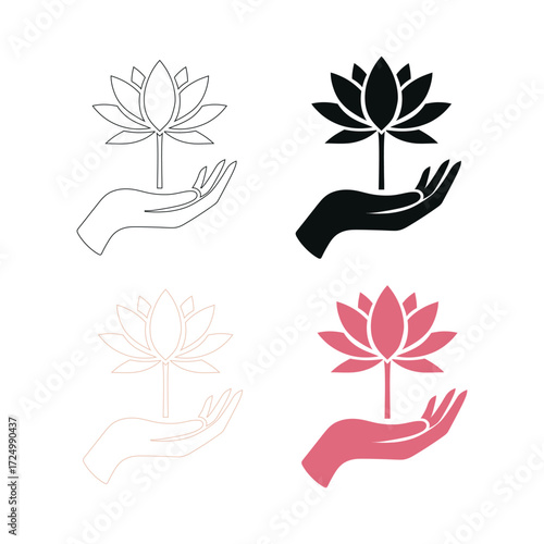 lotus growing out of open palm vector silhouette clip art logo design illustration