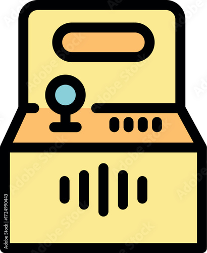 Retro jukebox emitting sound waves, showcasing a colorful, vintage design with buttons and a joystick