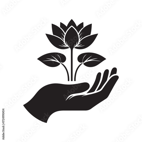 lotus growing out of open palm vector silhouette clip art logo design illustration
