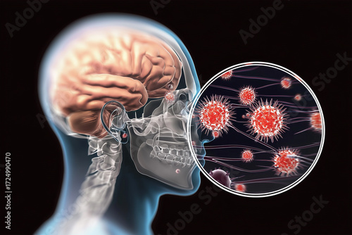 Medical illustration of meningococcal meningitis showing pathogenic bacteria attacking neurons in the brain. Highlights Neisseria meningitidis, brain inflammation, and CNS infection risk
