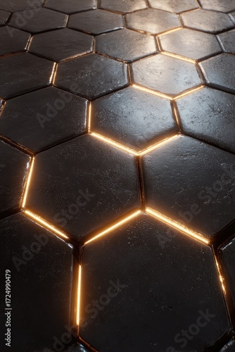 Dark hexagon tiles with warm, glowing lines between them, creating a futuristic, textured surface