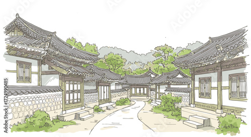 Hand-drawn illustration of a serene traditional Korean village street with classic architecture and lush nature