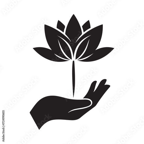 lotus growing out of open palm vector silhouette clip art logo design illustration