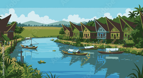 Traditional Southeast Asian Village Scene Along a Calm River