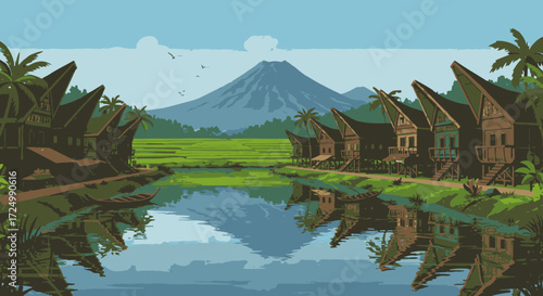 Tropical Village Scene on a Calm River Surrounded by Lush Greenery
