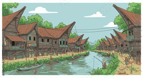 Traditional Indonesian Village Scene Along the River