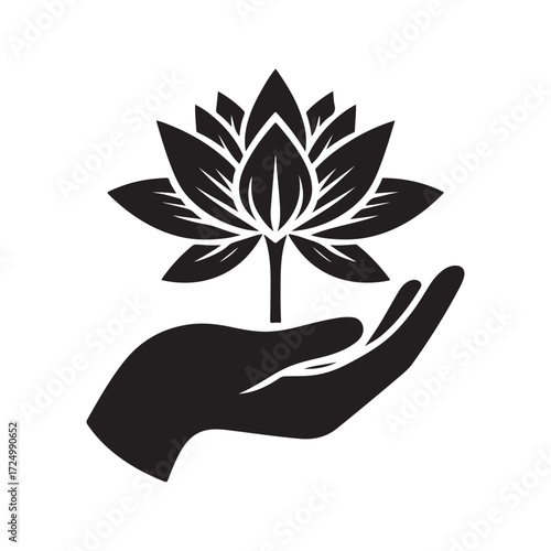 lotus growing out of open palm vector silhouette clip art logo design illustration
