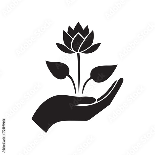 lotus growing out of open palm vector silhouette clip art logo design illustration