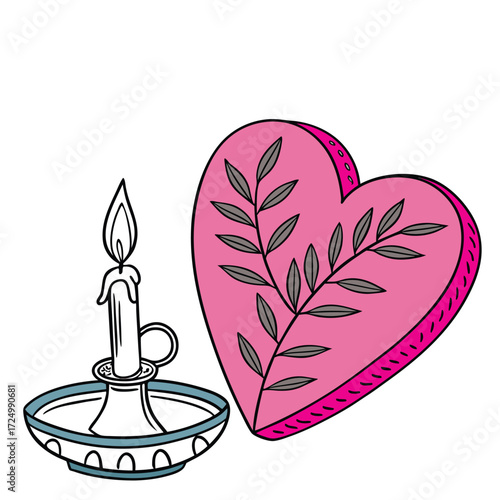 Pink heart with branch design next to lit candle in blue and white holder flame