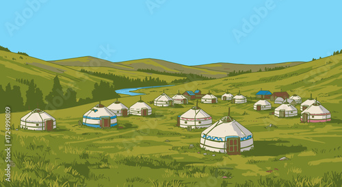 Traditional Yurt Village in a Green Valley, Mongolia
