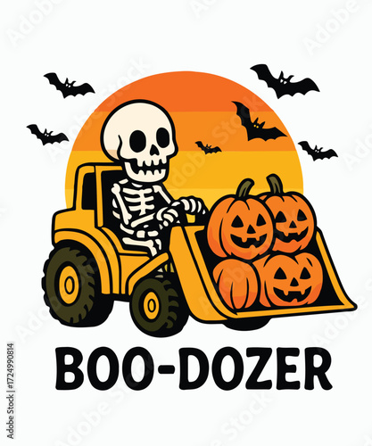 Spooky skeleton drives a boo dozer filled with pumpkins under a halloween sunset tshirt design vector