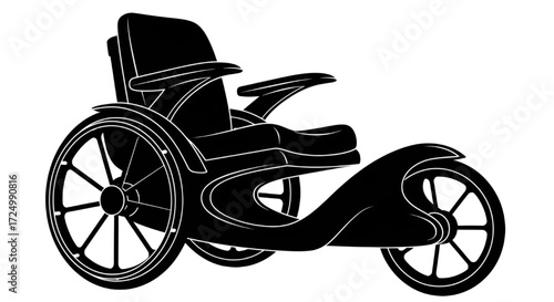 A sleek, modern electric wheelchair or mobility scooter, depicted as a black silhouette with white outlines on a clean white background, symbolizing advanced accessibility and independent living.