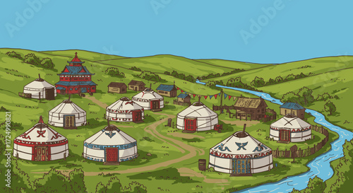 Picturesque Traditional Yurt Village in a Lush Green Valley with a Flowing River, a Vibrant Cultural Landscape Illustration