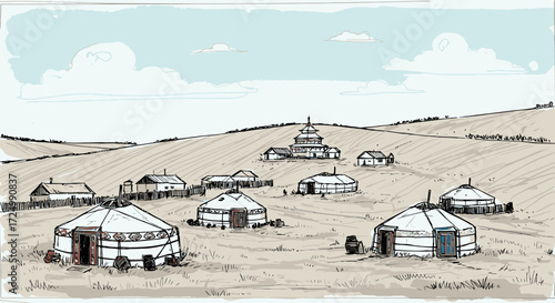 Rural nomadic settlement with traditional yurts on rolling hills