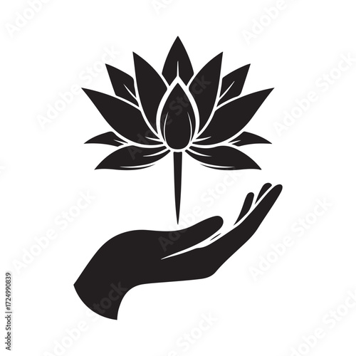 lotus growing out of open palm vector silhouette clip art logo design illustration