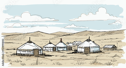 Mongolian Yurt Village in a Vast Landscape under a Cloudy Sky