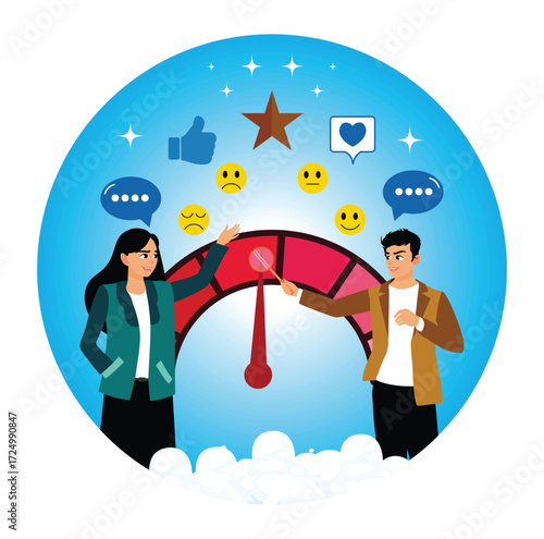 Business owners analyze customer feedback dashboards with positive and negative reviews.