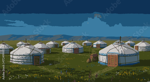Traditional Nomadic Yurt Settlement Under a Peaceful Evening Sky in a Vast Grassland Landscape