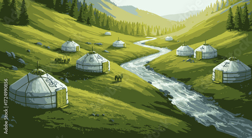 Serene Green Valley Landscape with Traditional Yurts and Flowing River in a Stylized Illustration